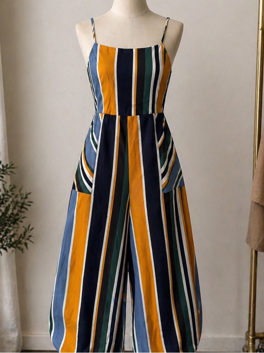 Striped Wide-Leg Jumpsuit in Mustard, Navy & Green